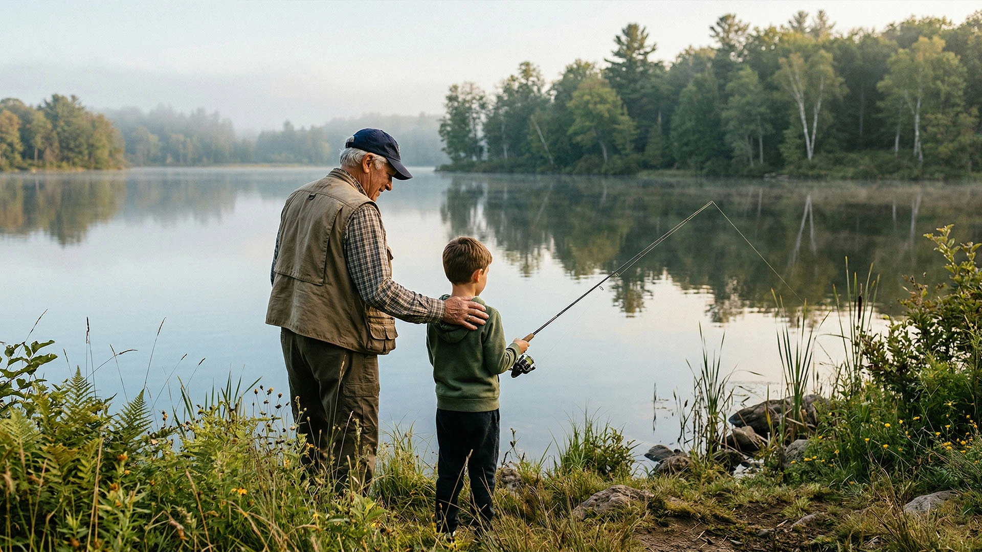 Grandfather fishing with his young grandson